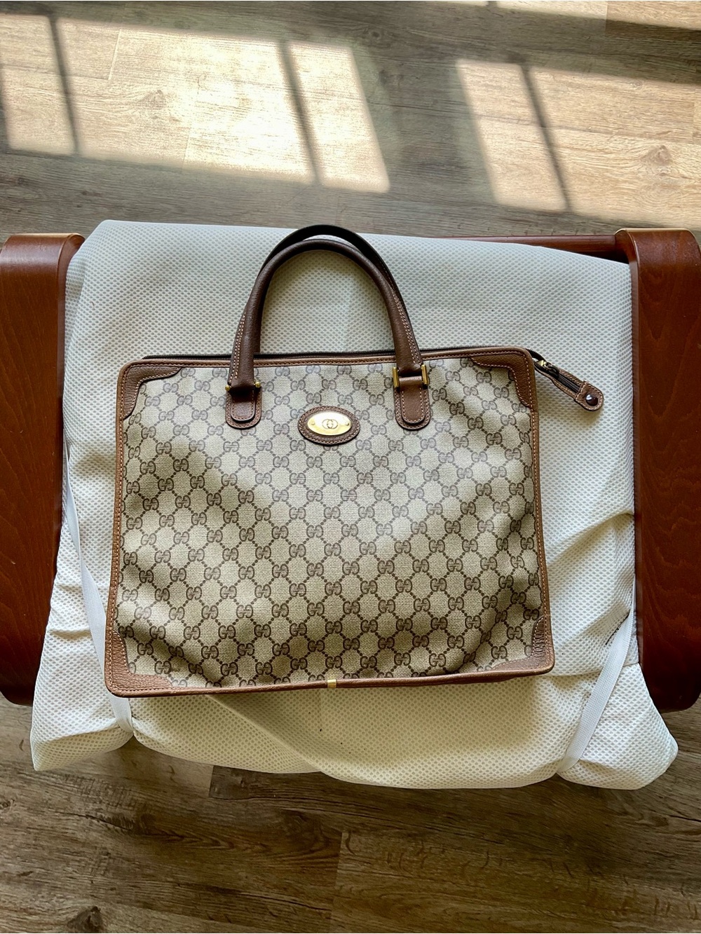 Gucci Beige GG Supreme Canvas Briefcase with Brown Leather Trim